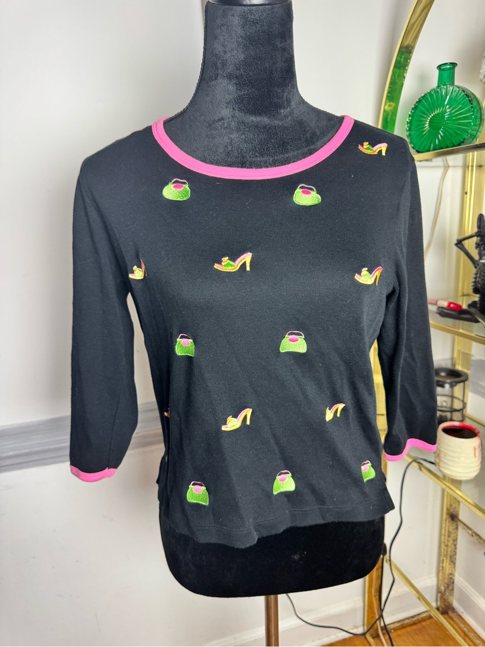 Designers Originals Black Knit Top with Pink Trim and Green Embroidery